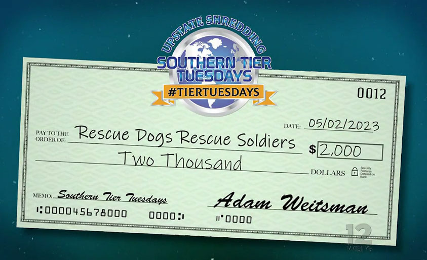 Rescue Dogs Rescue Soldiers wins $2,000 grant from Upstate Shredding through Southern Tier Tuesdays.